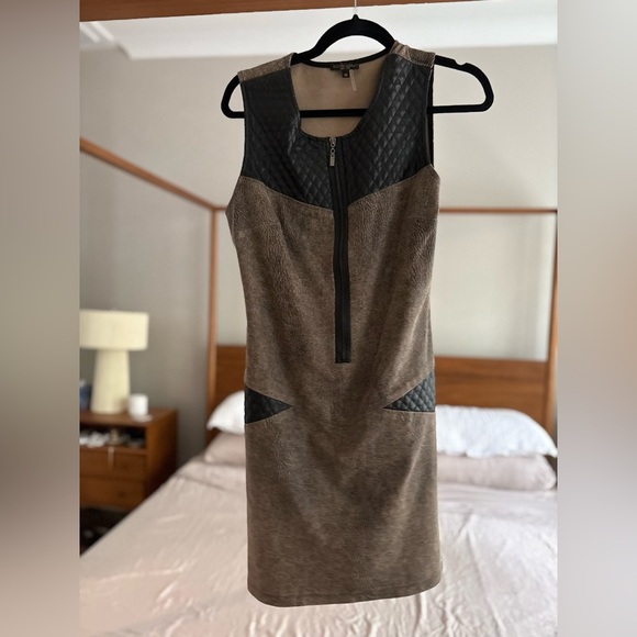 Alberto Makali Dresses & Skirts - Alberto Makali Quilted Faux Leather Contrast Sheath Dress | Size M | Taupe Black